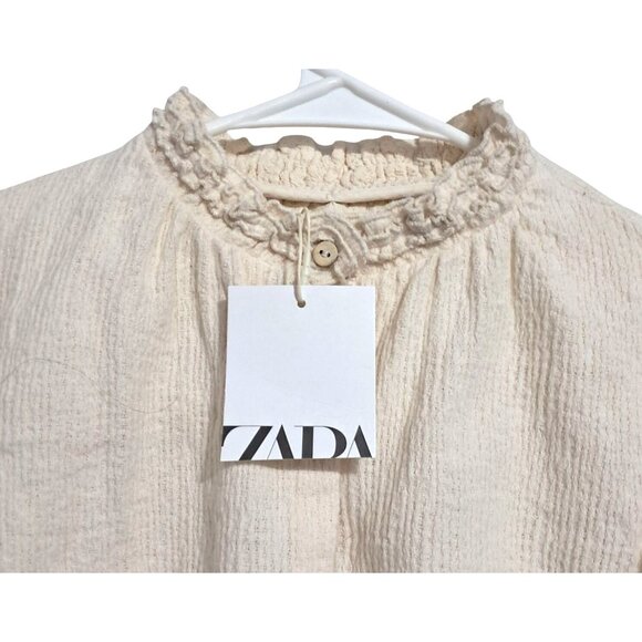 ZARA Girls Blouse Size 3-4 Cream Cotton Puff Sleeve Button Down Top With Ruffle - Picture 2 of 9